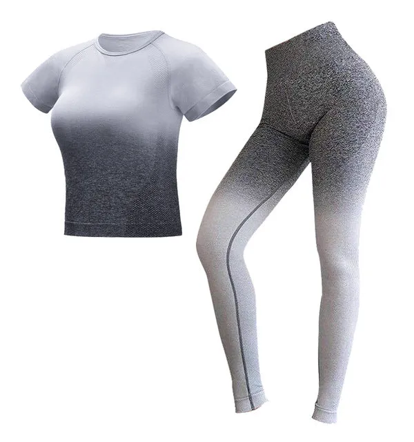 2 Piece Sports Yoga Sets Gym Fitness Athletic Ombre Pants Sportswear Leggings Shirt Seamless Sports Active