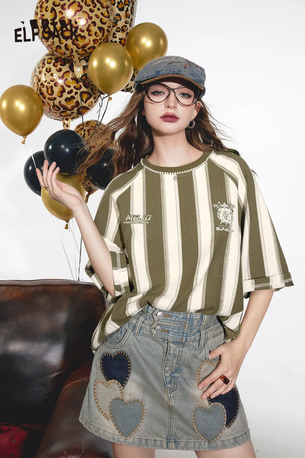 2024 Summer ELFSACK New Arrivals Contrast color stripes retro neckline pearl design breathable thin T-shirt for women