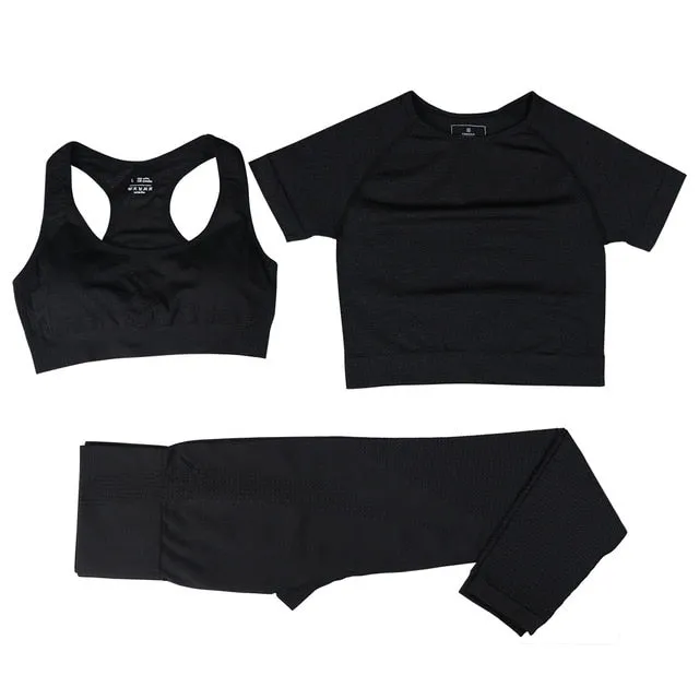 3 Piece Ladies Seamless Vital Yoga Workout Sport Pants Bra Gym Short Crop Top High Waist Running Leggings Sports Set