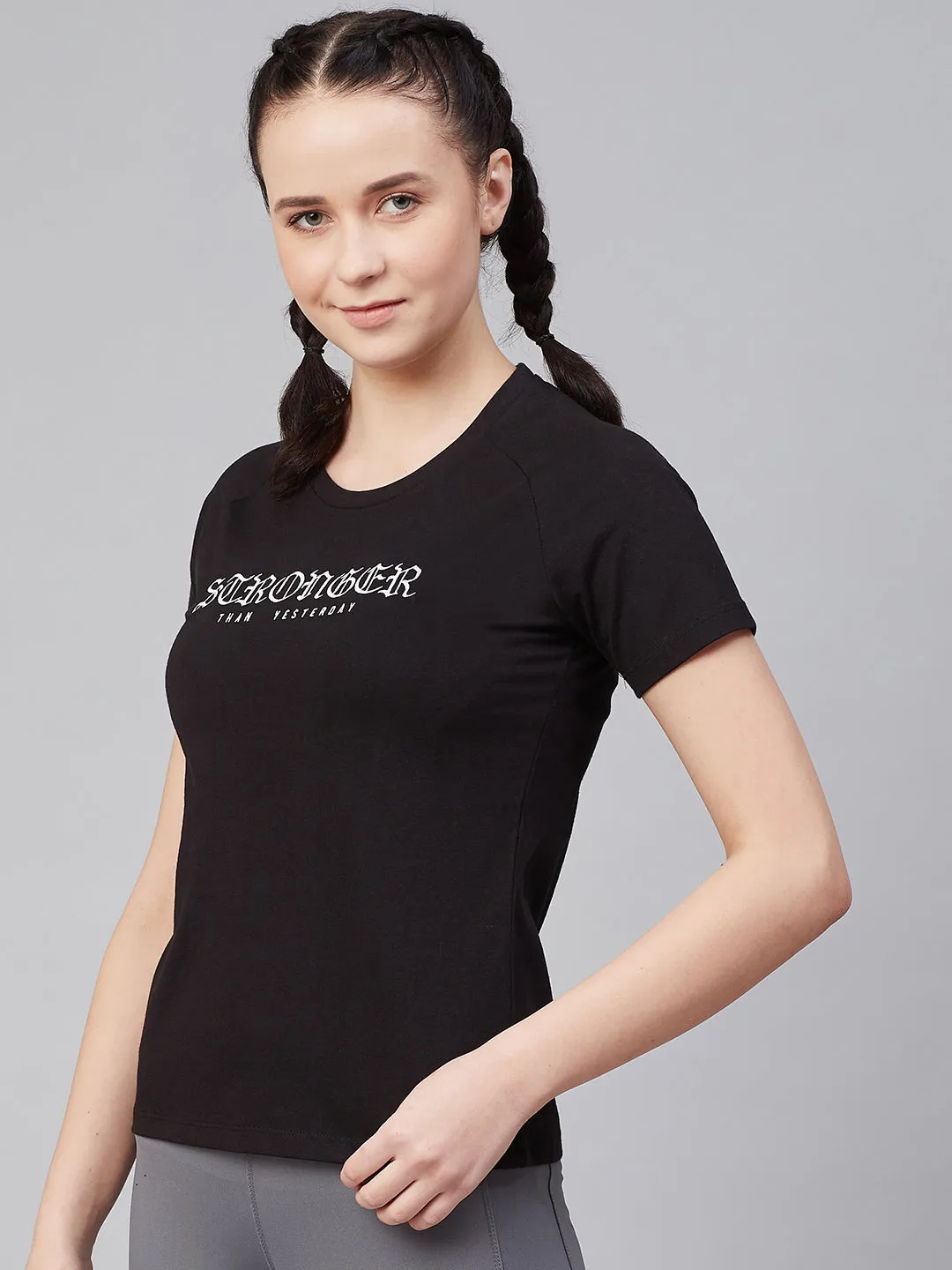 Alcis Women Black Embroidered Detail Round Neck Slim Fit Training T-shirt