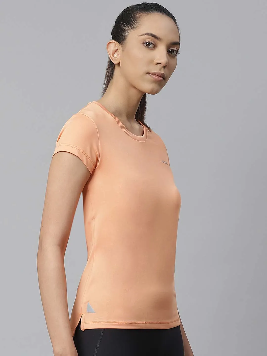 Alcis Women Peach-Coloured Slim Fit Solid Round Neck Running T-shirt