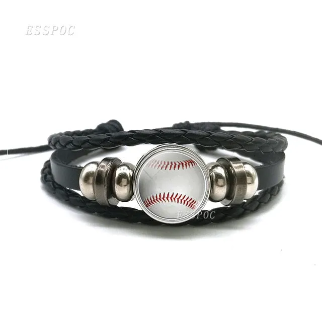 Basketball Charm Leather Bracelet Men Fashion Black weave leather Bracelet Basketball Football Baseball Jewelry Men Gifts