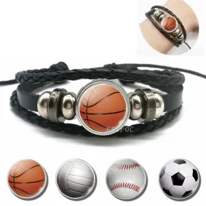 Basketball Charm Leather Bracelet Men Fashion Black weave leather Bracelet Basketball Football Baseball Jewelry Men Gifts