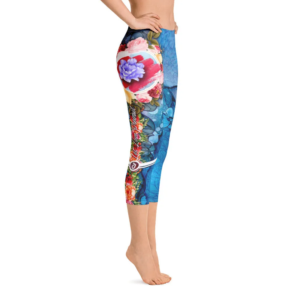 Blue Floral Capri Leggings Floral Print Capri Pants Women Spandex Leggings Blue Capri Leggings, PF - LLP01