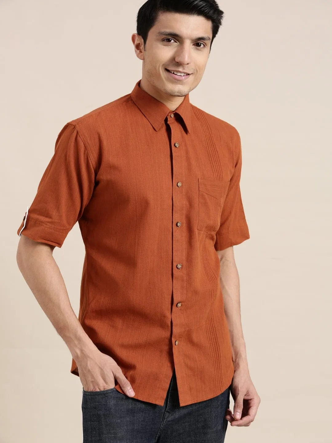 Brown Khadi Men Half Sleeve Shirt