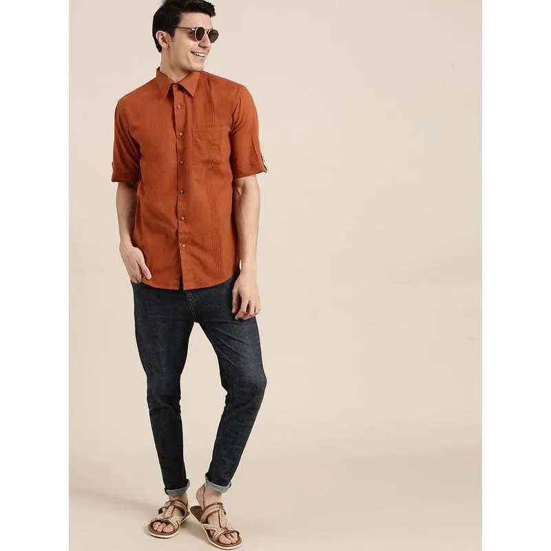 Brown Khadi Men Half Sleeve Shirt