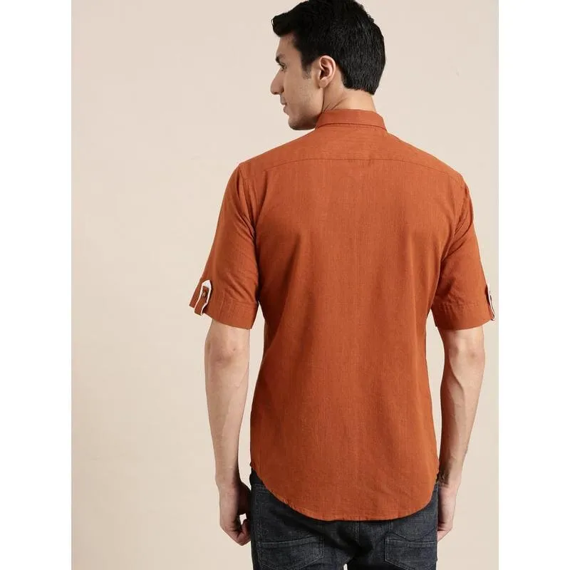 Brown Khadi Men Half Sleeve Shirt