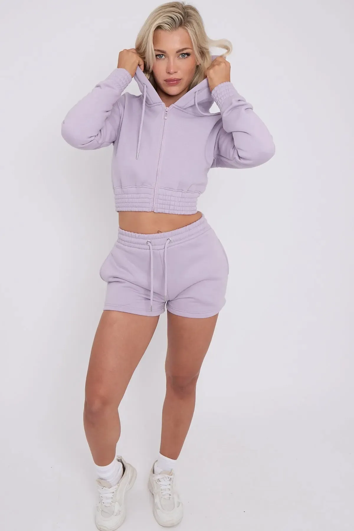 Cropped Ruched Waist Zipper Hoodie and Shorts Loungewear Co-Ord Set