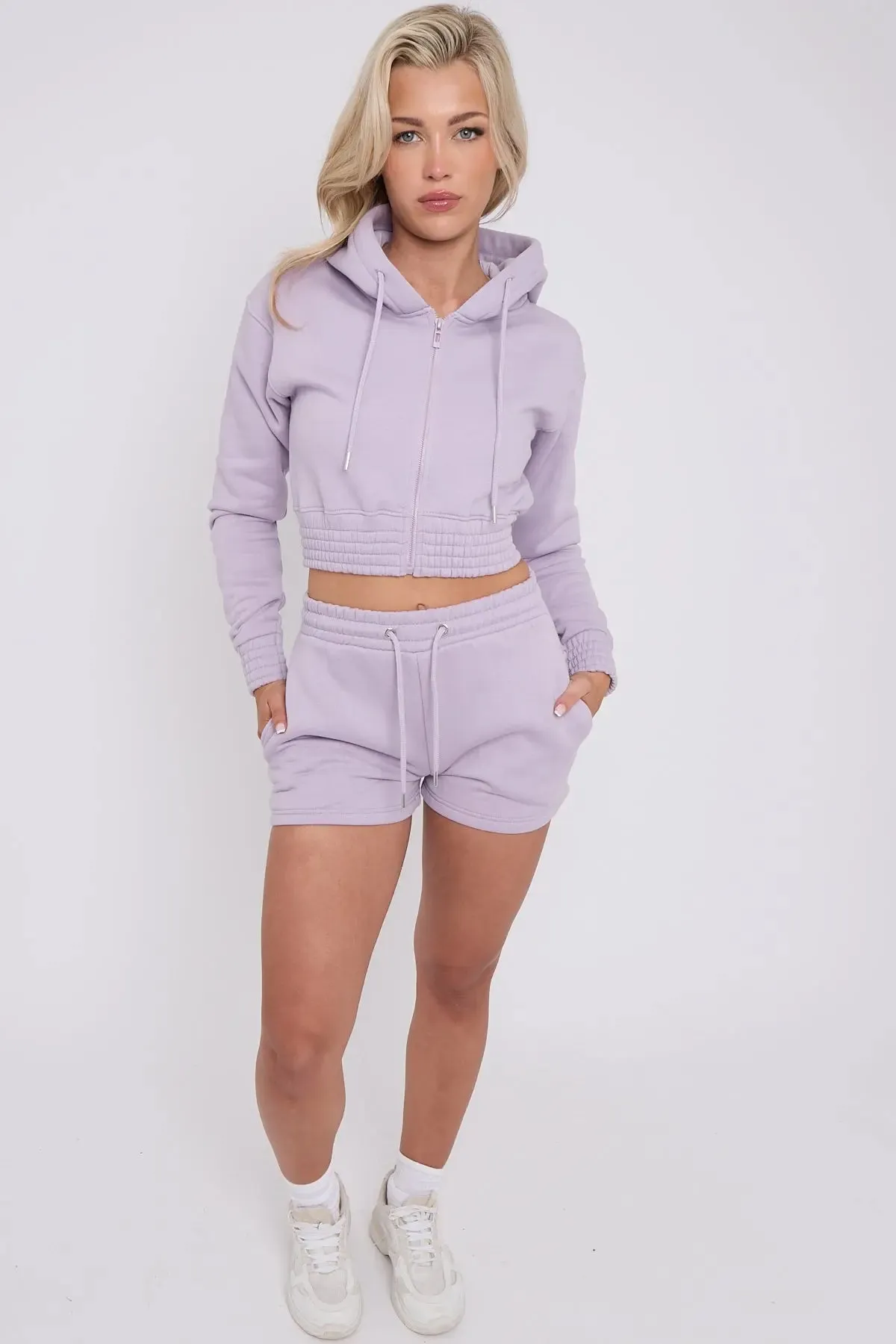 Cropped Ruched Waist Zipper Hoodie and Shorts Loungewear Co-Ord Set