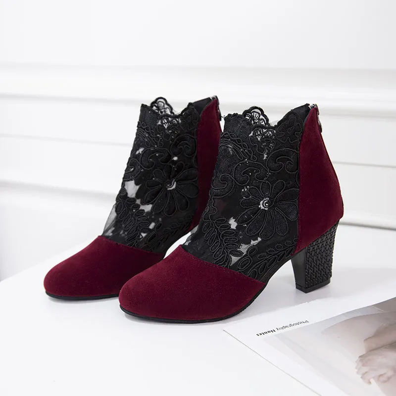 Flower Embroidery Lace Chunky Heeled Zip Back Ankle Boot Women's High Heel Pumps