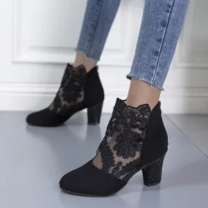 Flower Embroidery Lace Chunky Heeled Zip Back Ankle Boot Women's High Heel Pumps