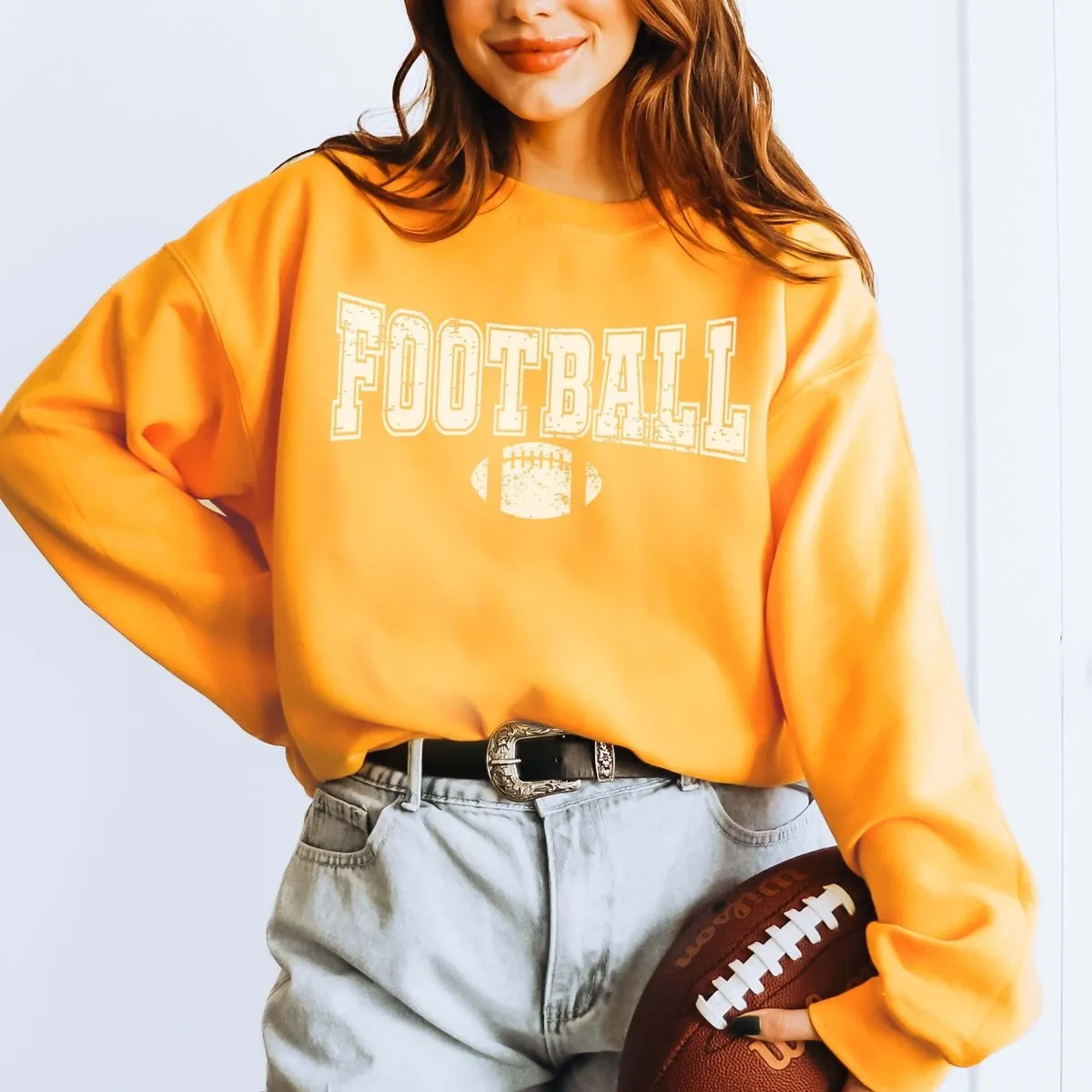 Football With Distressed Football Sweatshirt