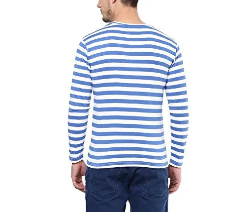 Hypernation Blue and White Stripe Round Neck Cotton T-shirt For Men