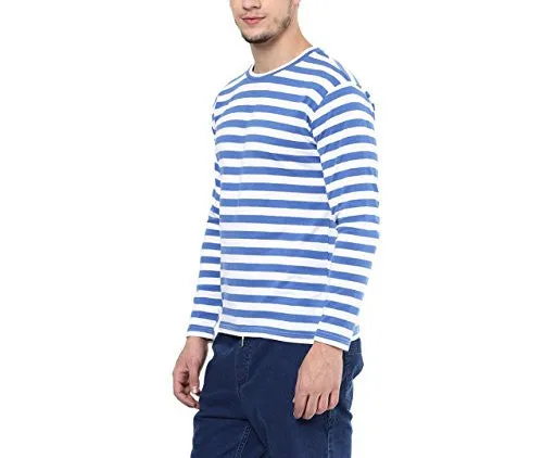 Hypernation Blue and White Stripe Round Neck Cotton T-shirt For Men