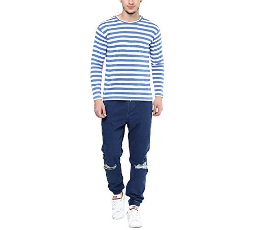 Hypernation Blue and White Stripe Round Neck Cotton T-shirt For Men