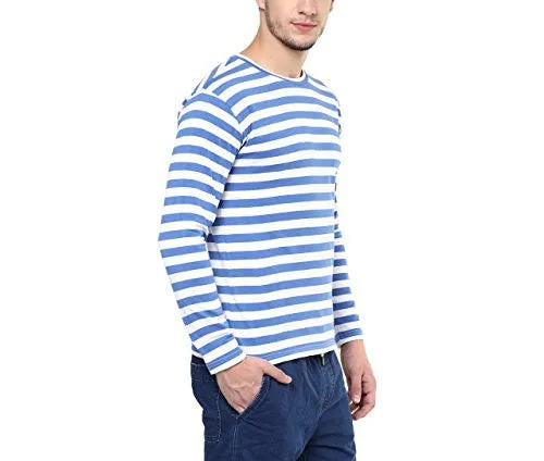 Hypernation Blue and White Stripe Round Neck Cotton T-shirt For Men