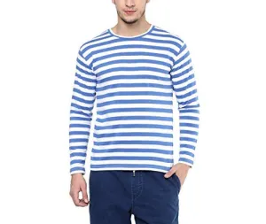 Hypernation Blue and White Stripe Round Neck Cotton T-shirt For Men