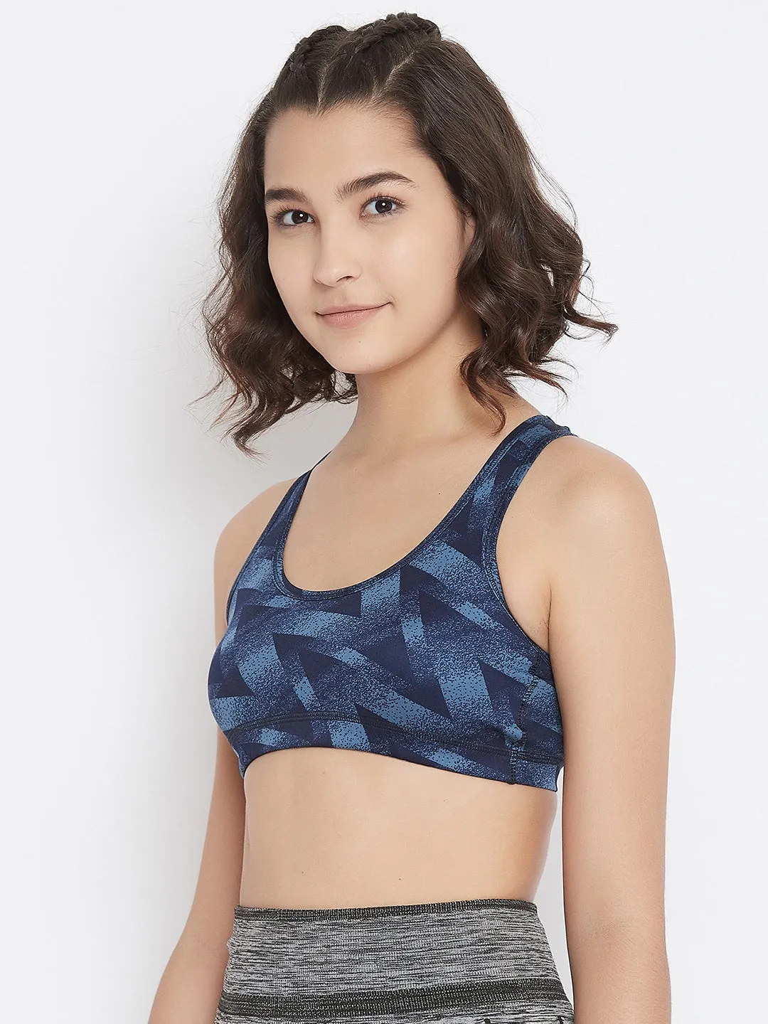 JUMP USA Navy Blue Geometric Non-Wired Non Padded Sports Bra