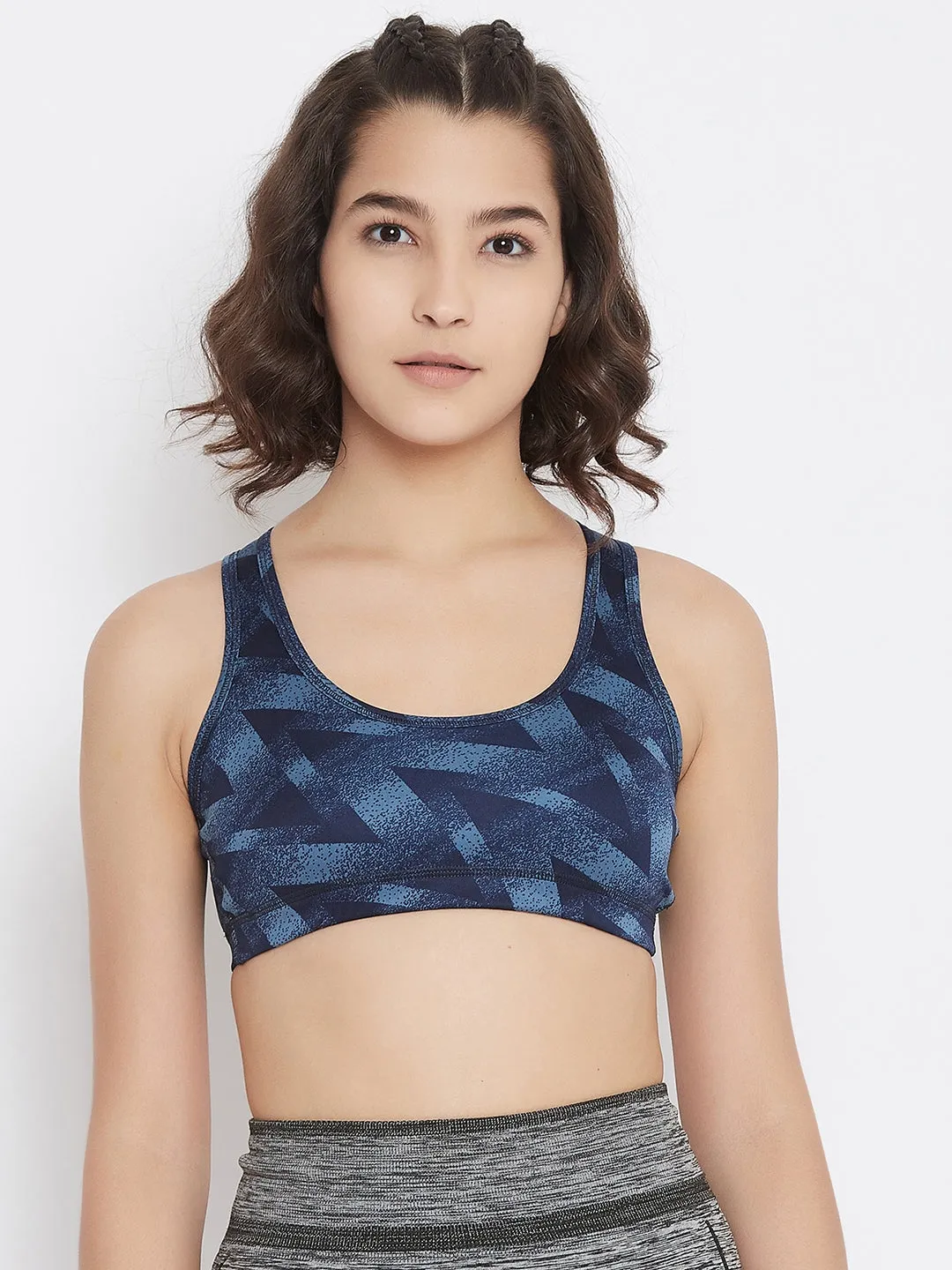 JUMP USA Navy Blue Geometric Non-Wired Non Padded Sports Bra