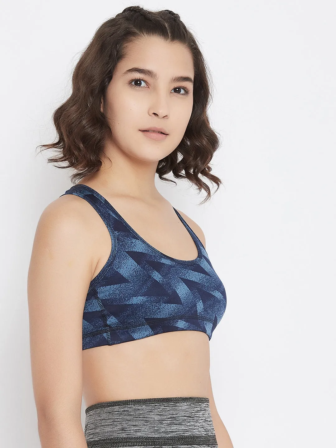 JUMP USA Navy Blue Geometric Non-Wired Non Padded Sports Bra