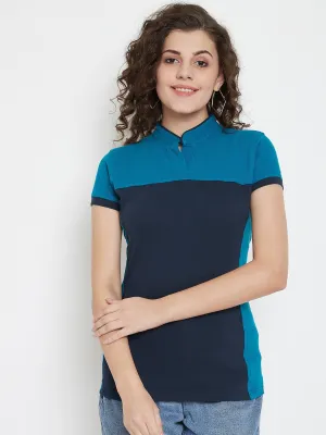 JUMP USA Women Colourblocked Navy Polo T-shirt