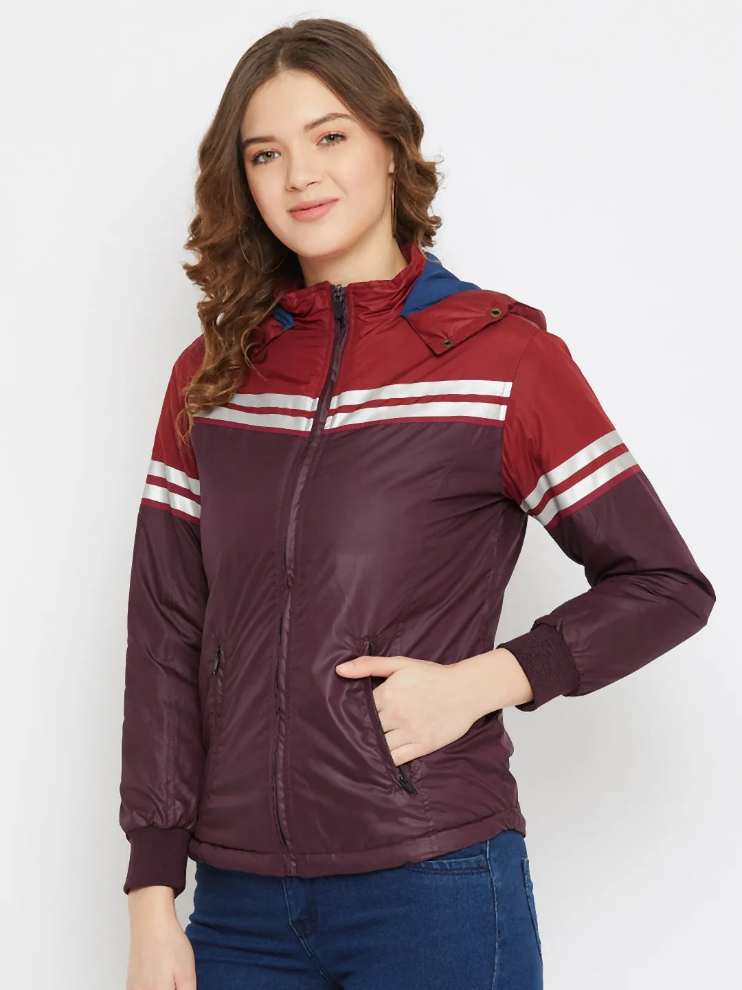 JUMP USA Women Maroon Colourblocked Bomber Jacket