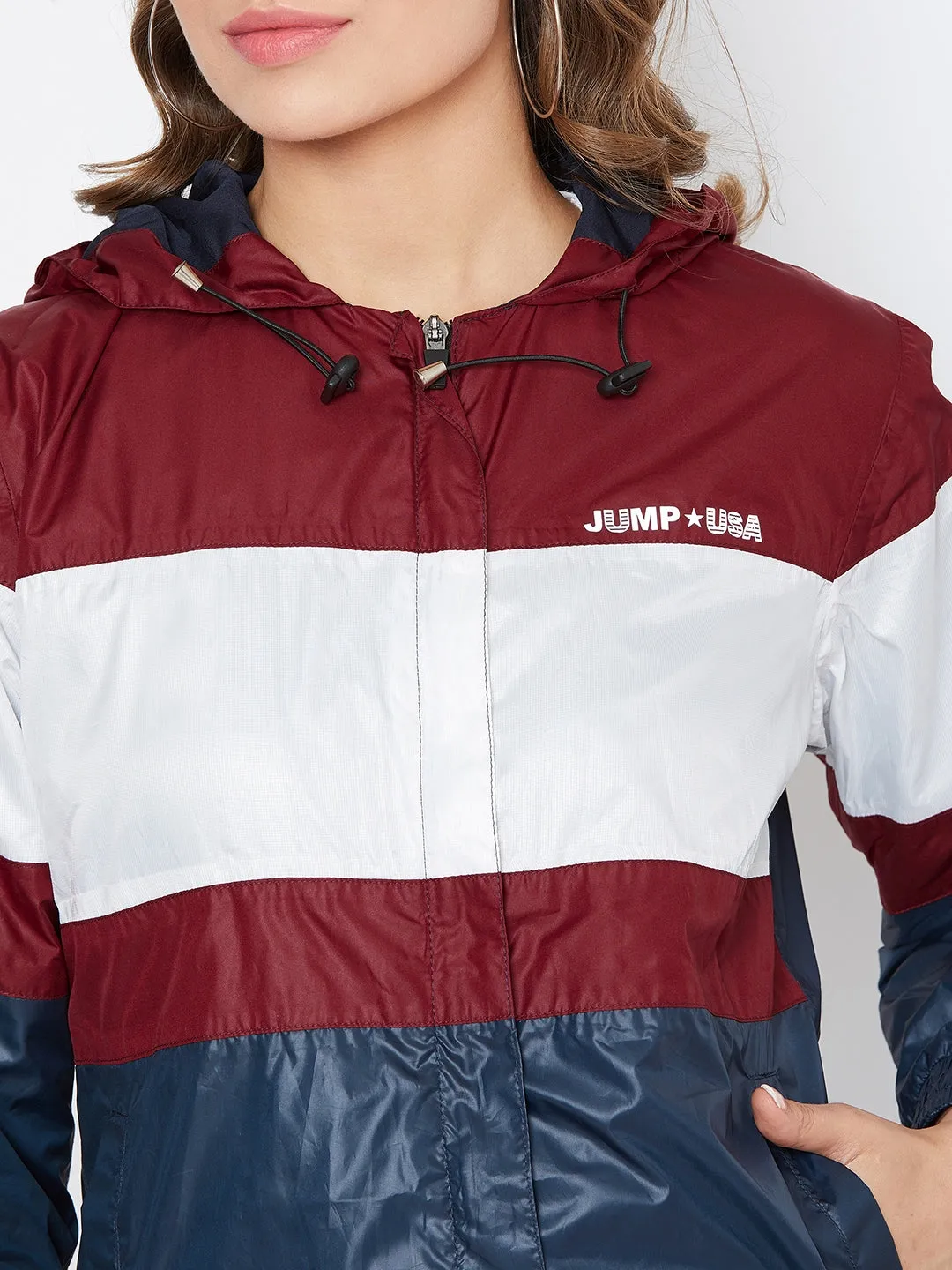 JUMP USA Women Navy Blue Colourblocked Windcheater Jacket