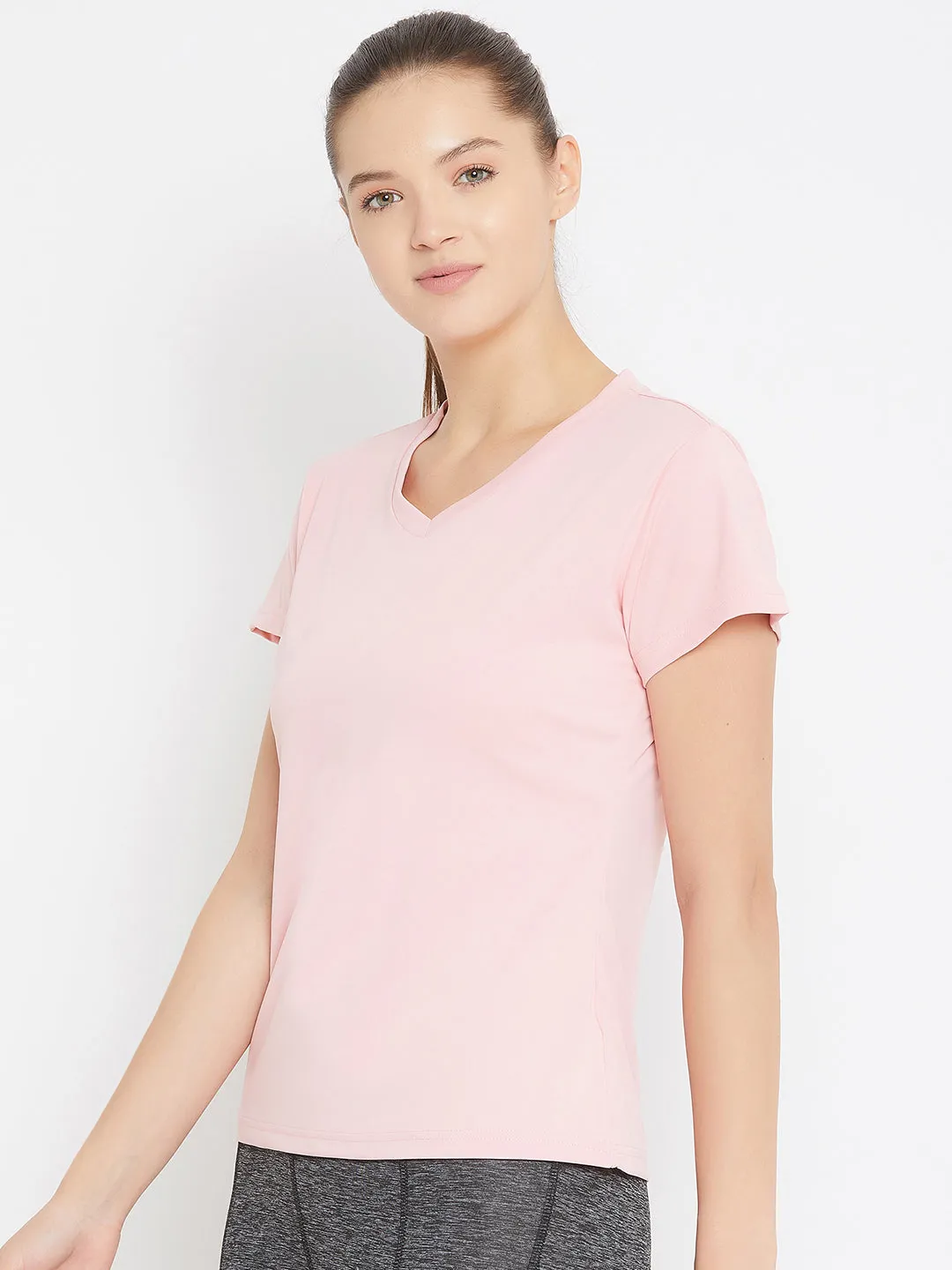 JUMP USA Women Pink Active Wear V- Neck T-shirt