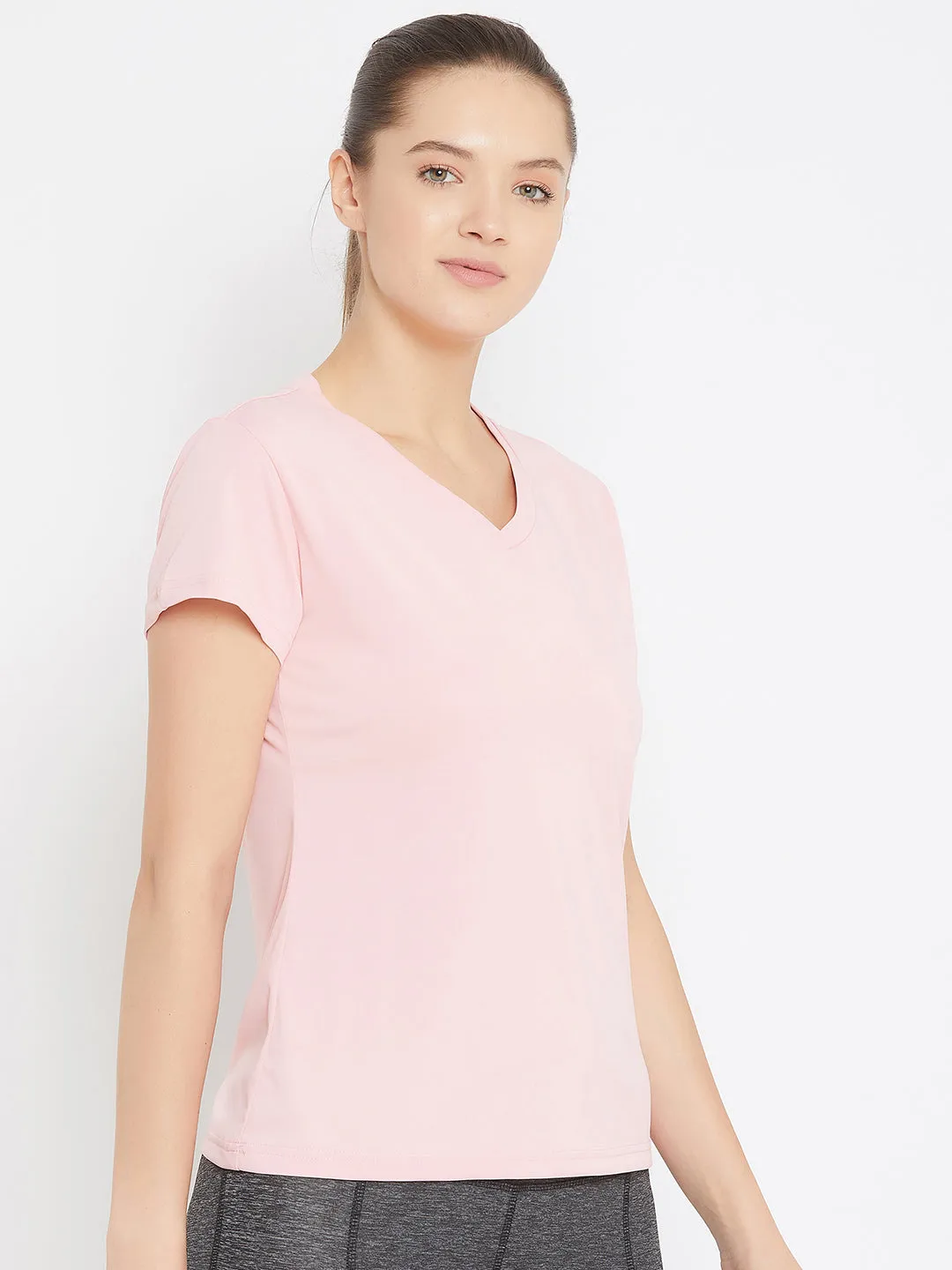 JUMP USA Women Pink Active Wear V- Neck T-shirt