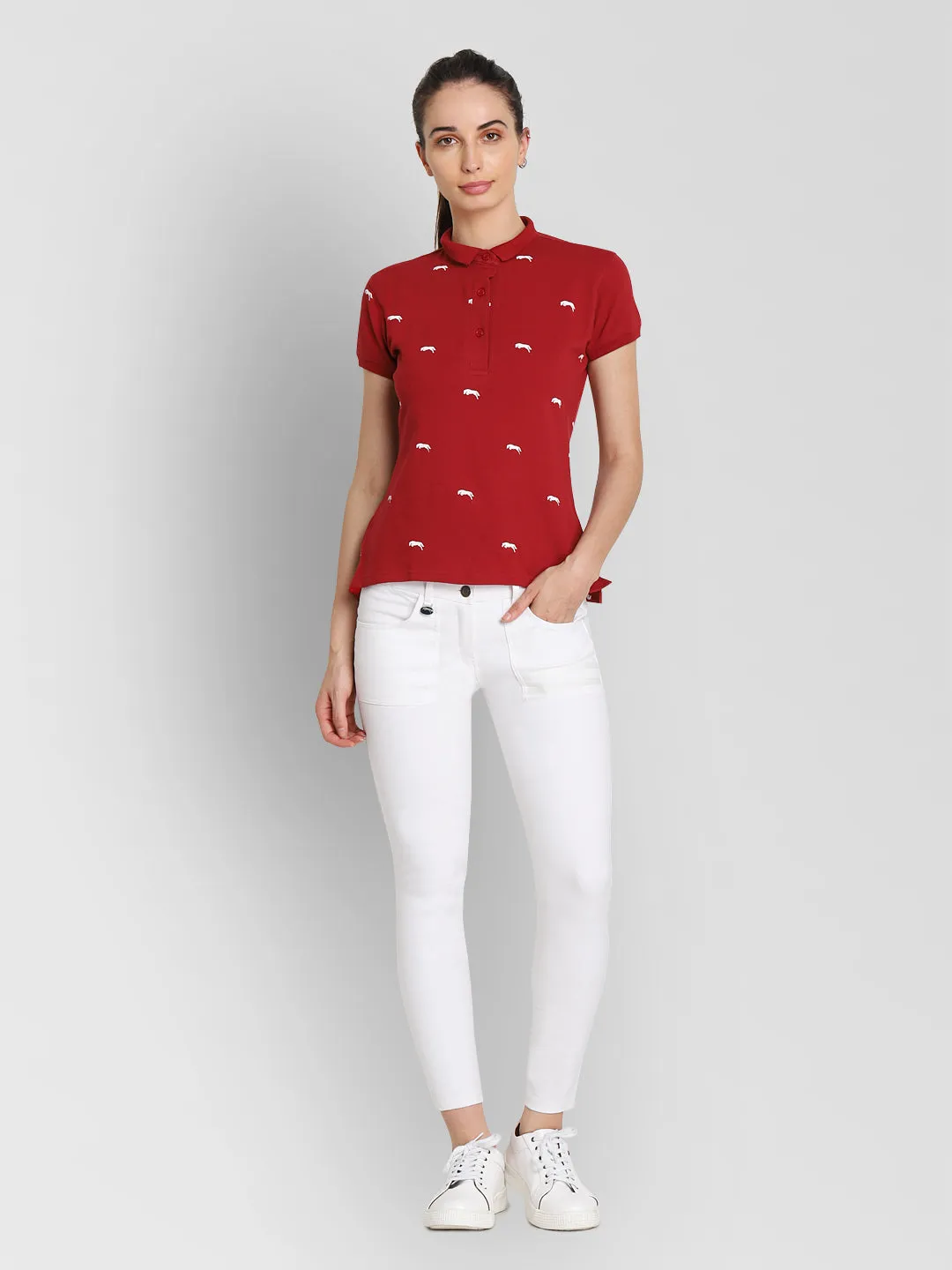 JUMP USA Women Red & White Printed Polo Collar T-Shirt