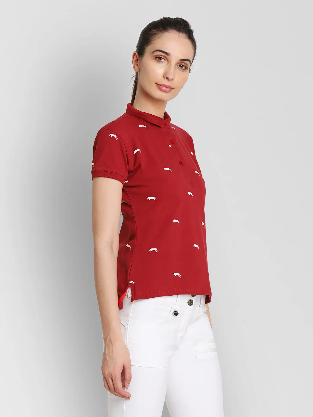 JUMP USA Women Red & White Printed Polo Collar T-Shirt