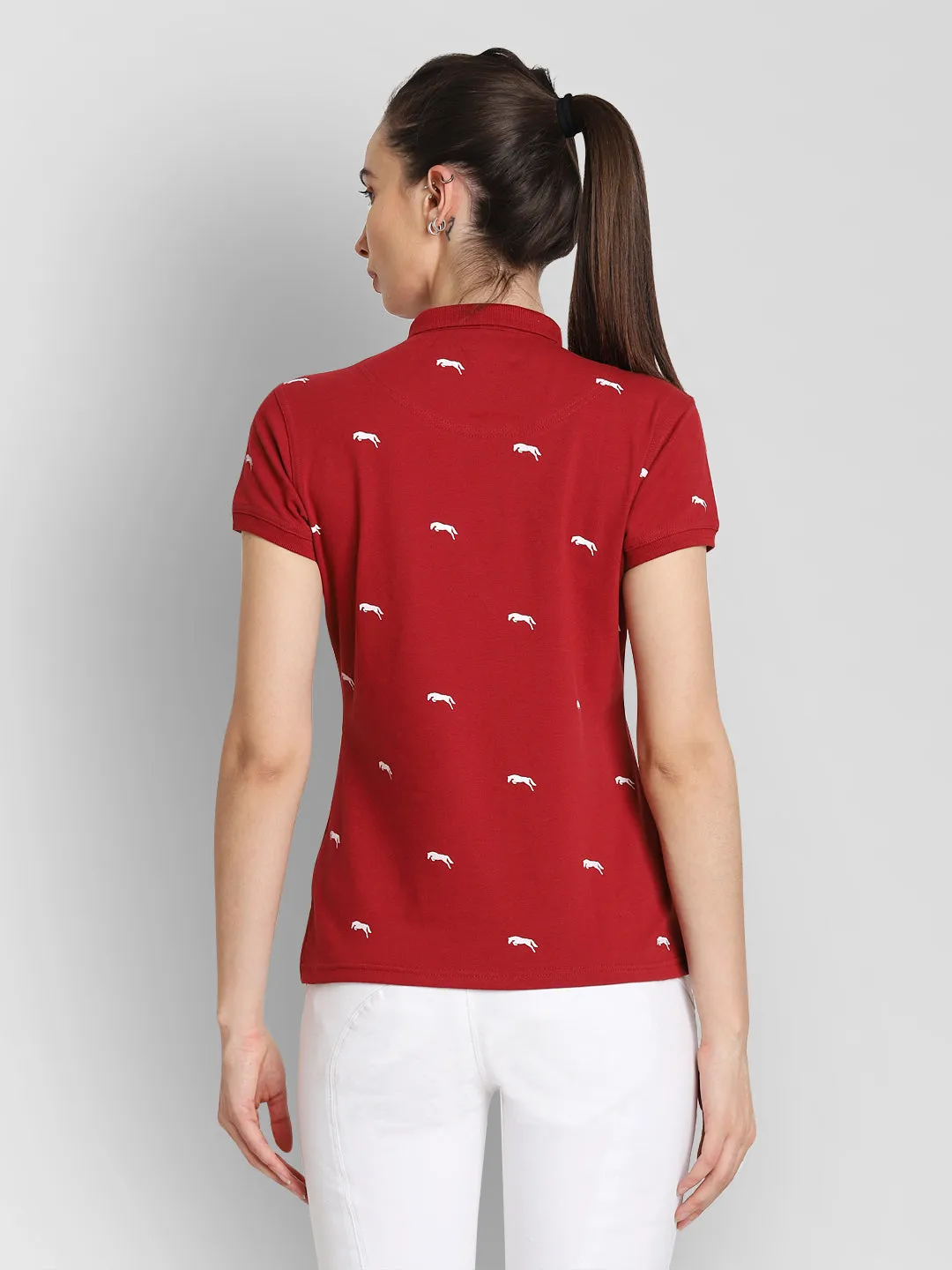 JUMP USA Women Red & White Printed Polo Collar T-Shirt