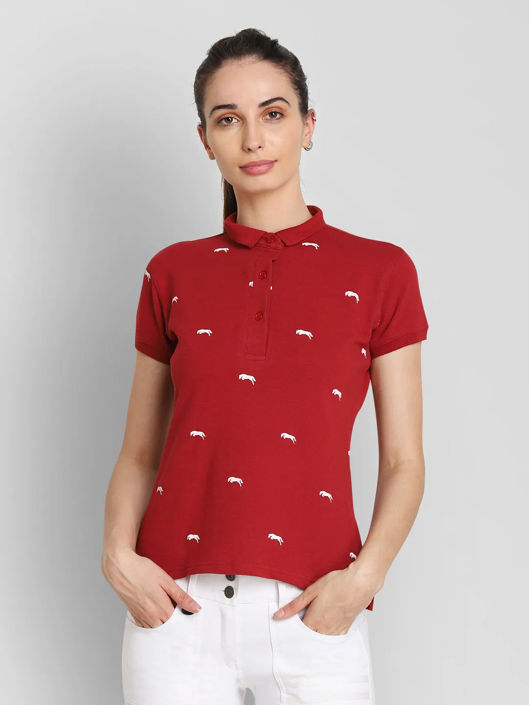 JUMP USA Women Red & White Printed Polo Collar T-Shirt