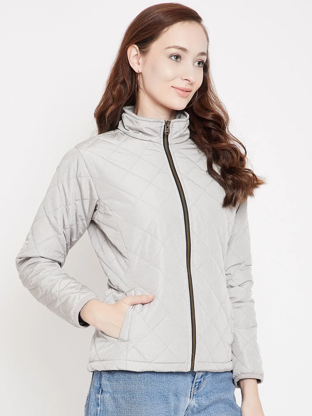 JUMP USA Women Silver Solid Quilted Jacket