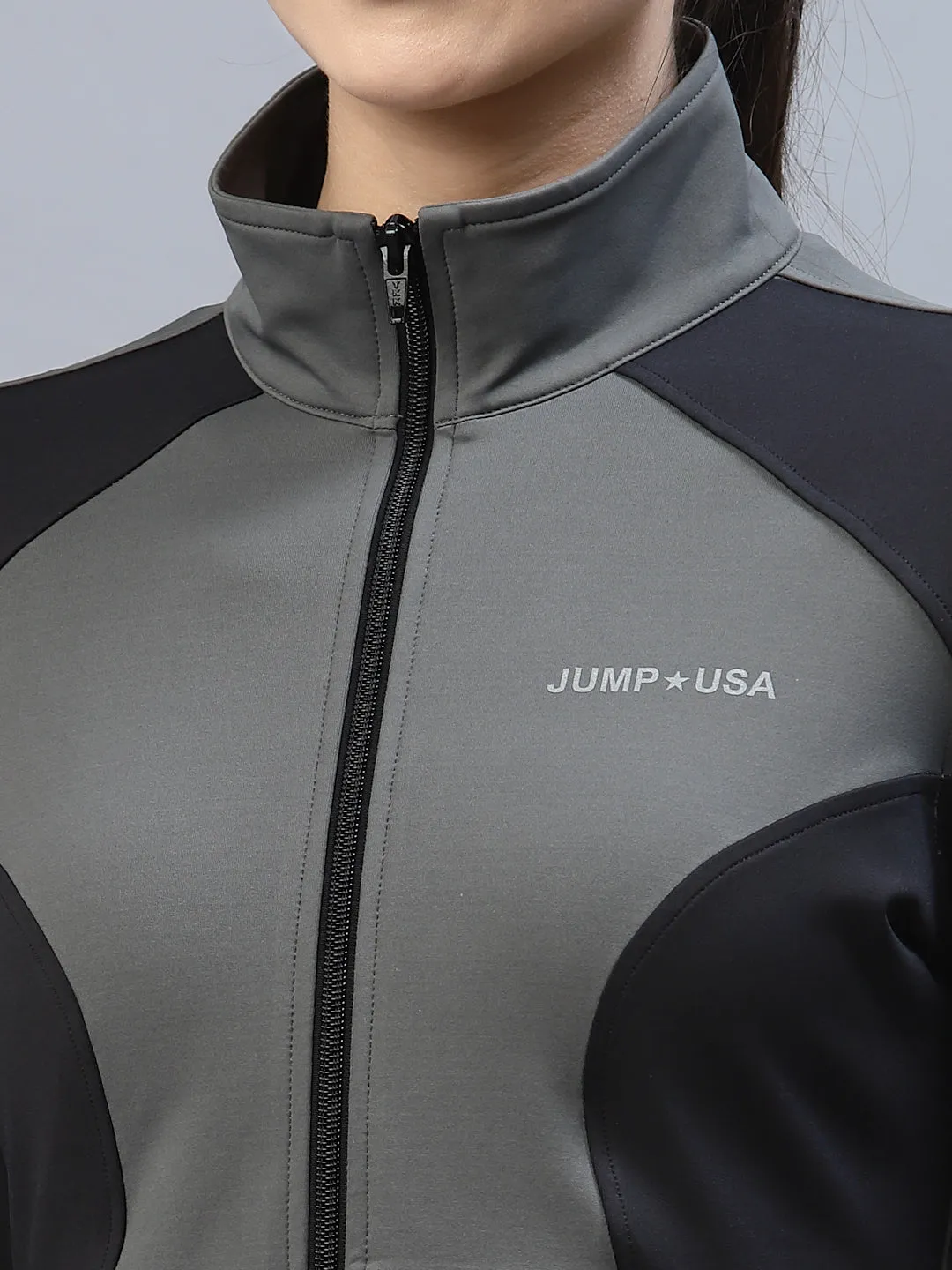 JUMP USA Women Wild Grey & Black Solid Polyester Hiking Jacket