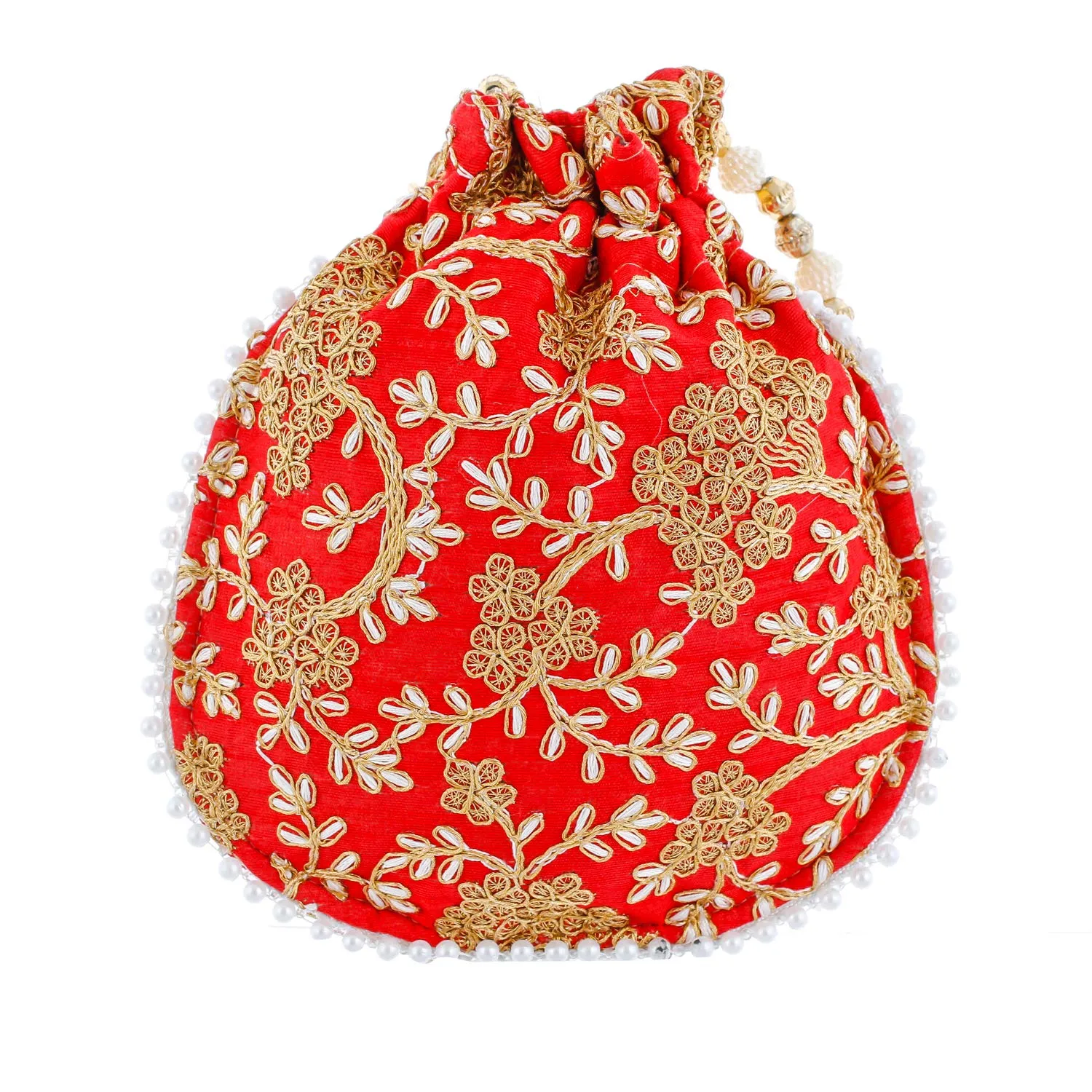 Kuber Industries Ethnic Clutch Silk Potli Batwa Pouch Bag with Beadwork Gift for Women (Red) - CTKTC42138,Standard