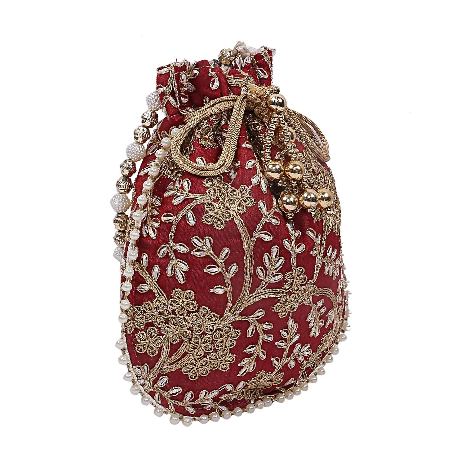 Kuber Industries Silk Embroidered 2 Pieces Women Potli Bag (Cream & Maroon) -CTKTC8825