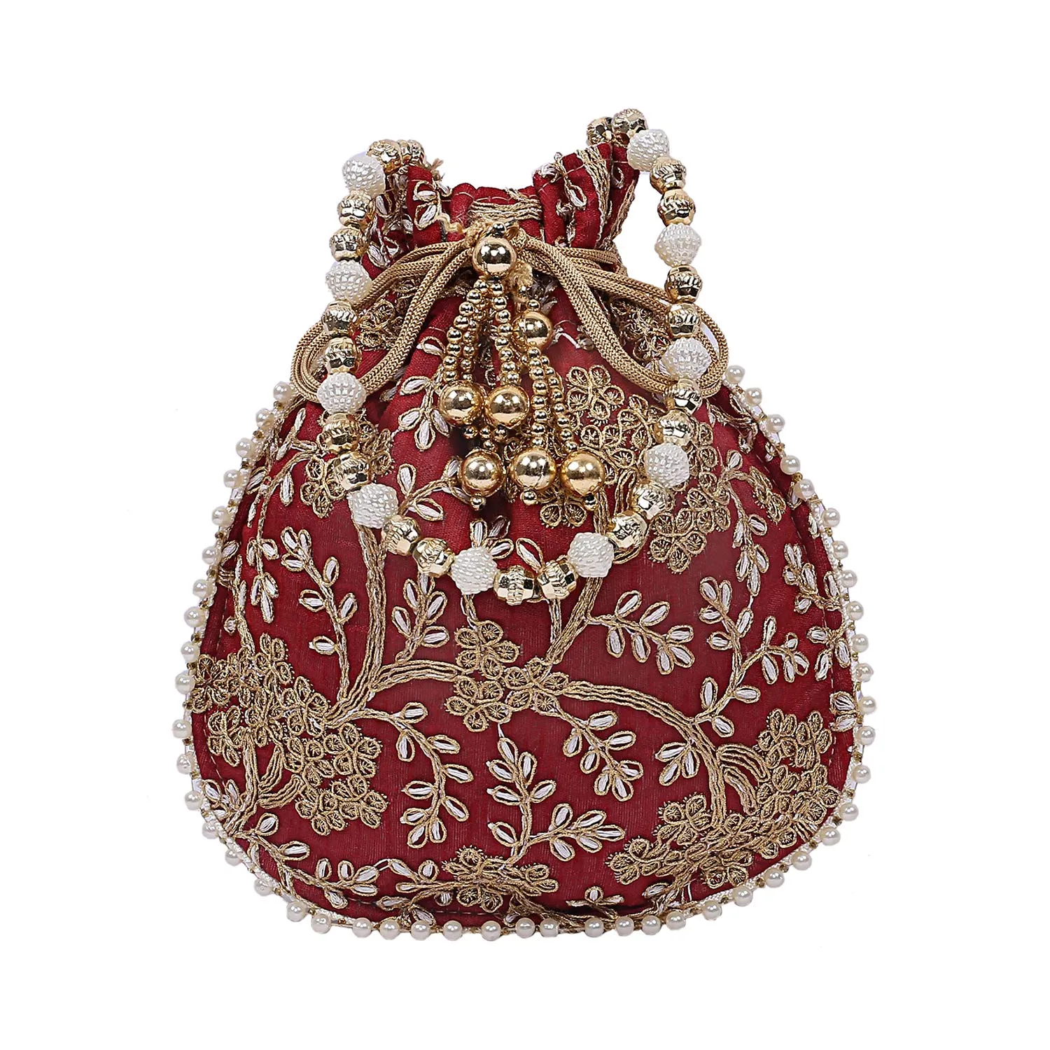 Kuber Industries Silk Embroidered 2 Pieces Women Potli Bag (Cream & Maroon) -CTKTC8825