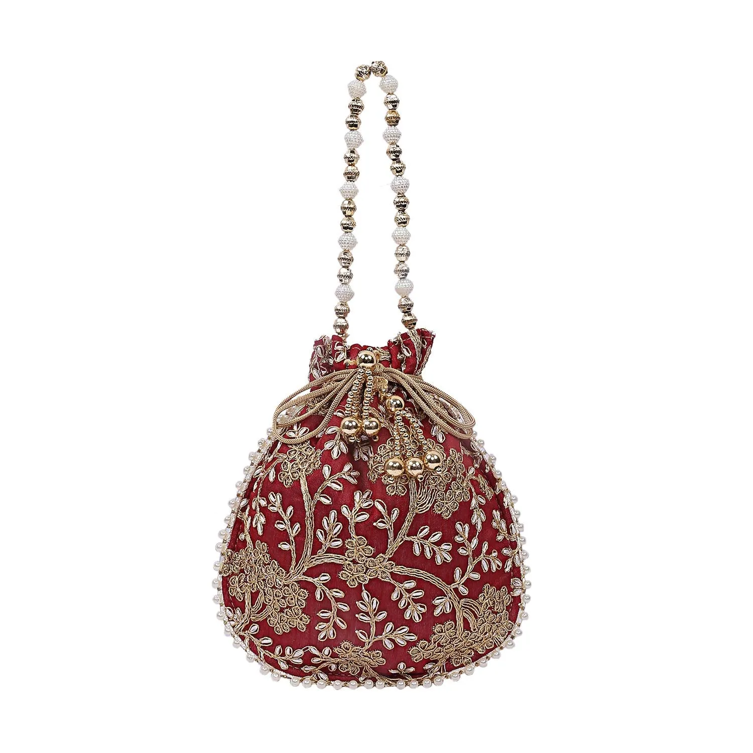 Kuber Industries Silk Embroidered 2 Pieces Women Potli Bag (Cream & Maroon) -CTKTC8825