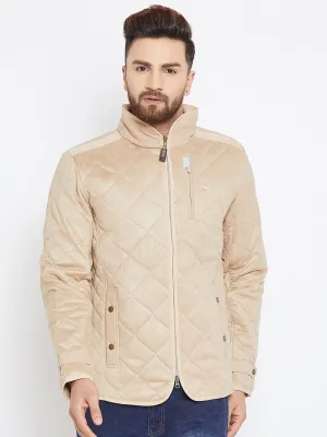 Men Beige Solid Quilted Jacket