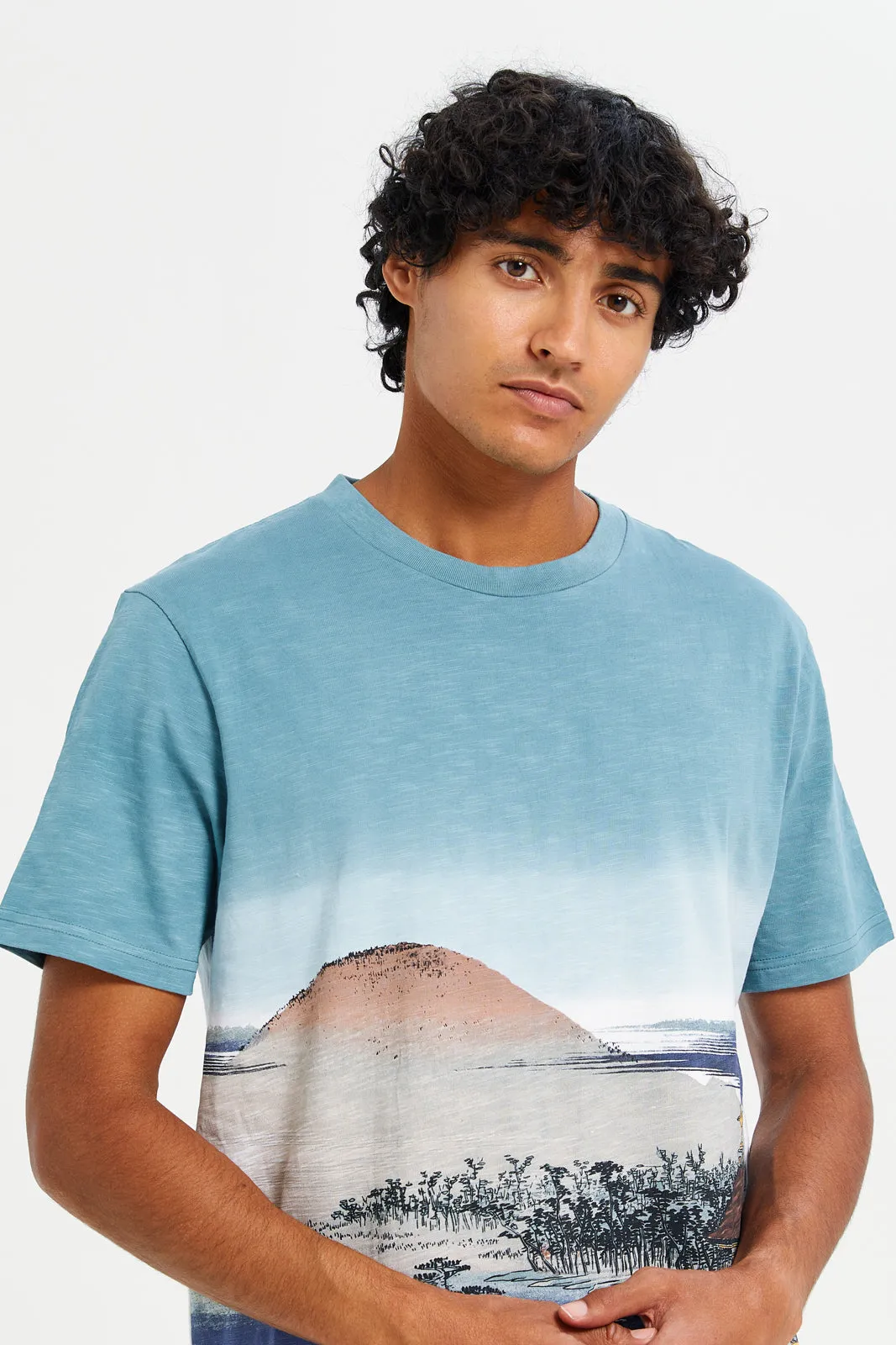 Men Blue And White Printed T-Shirt