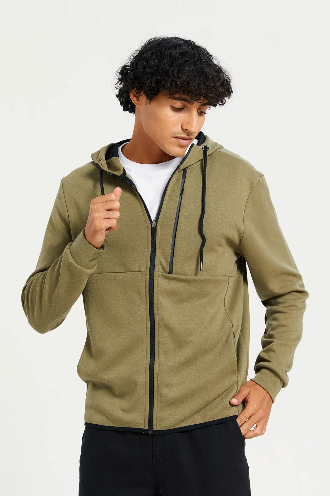 Men Green Zip-Through Hooded sweatshirt