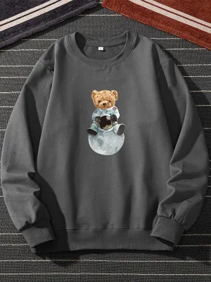 Men's Cartoon Bear Astronaut Pattern Print Autumn Round Neck Casual Sports Sweatshirt