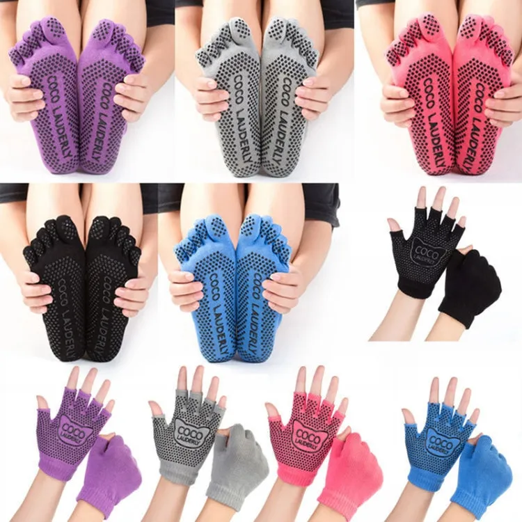 Non-slip Open Finger Yoga Sports Gloves Five Finger Yoga Socks Set, Size: One Size(Blue)