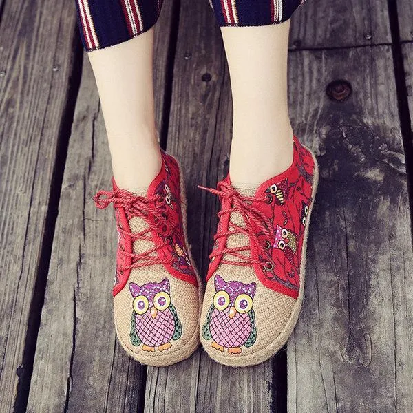 Pattern Owl Cute Colorful Cloth Lace Up Shoes