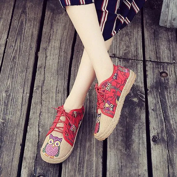 Pattern Owl Cute Colorful Cloth Lace Up Shoes