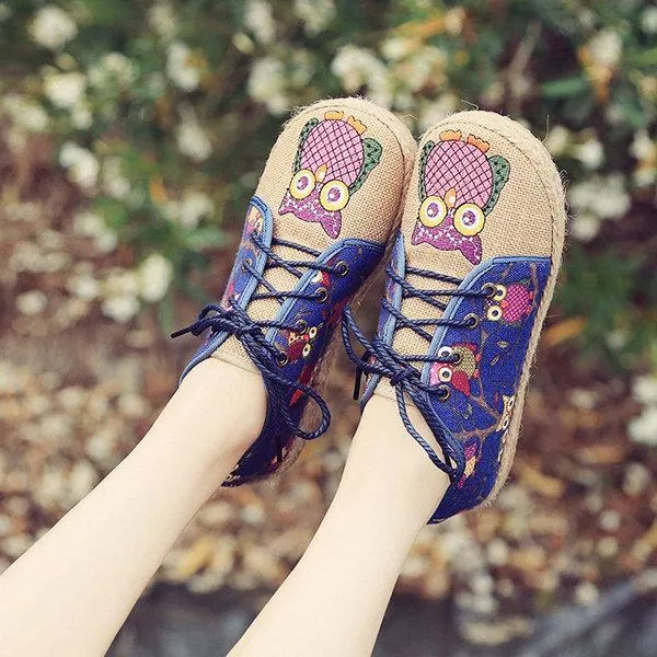 Pattern Owl Cute Colorful Cloth Lace Up Shoes