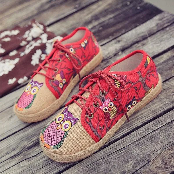 Pattern Owl Cute Colorful Cloth Lace Up Shoes