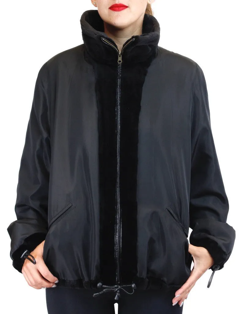 REVERSIBLE BLACK SHEARED MINK & UNSHEARED BLACKGLAMA MINK FUR BOMBER/SPORTS JACKET