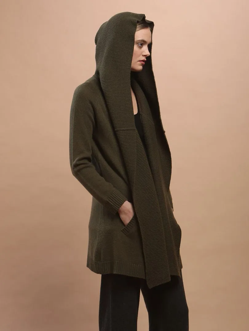 Ribbed Hooded Long Cardigan